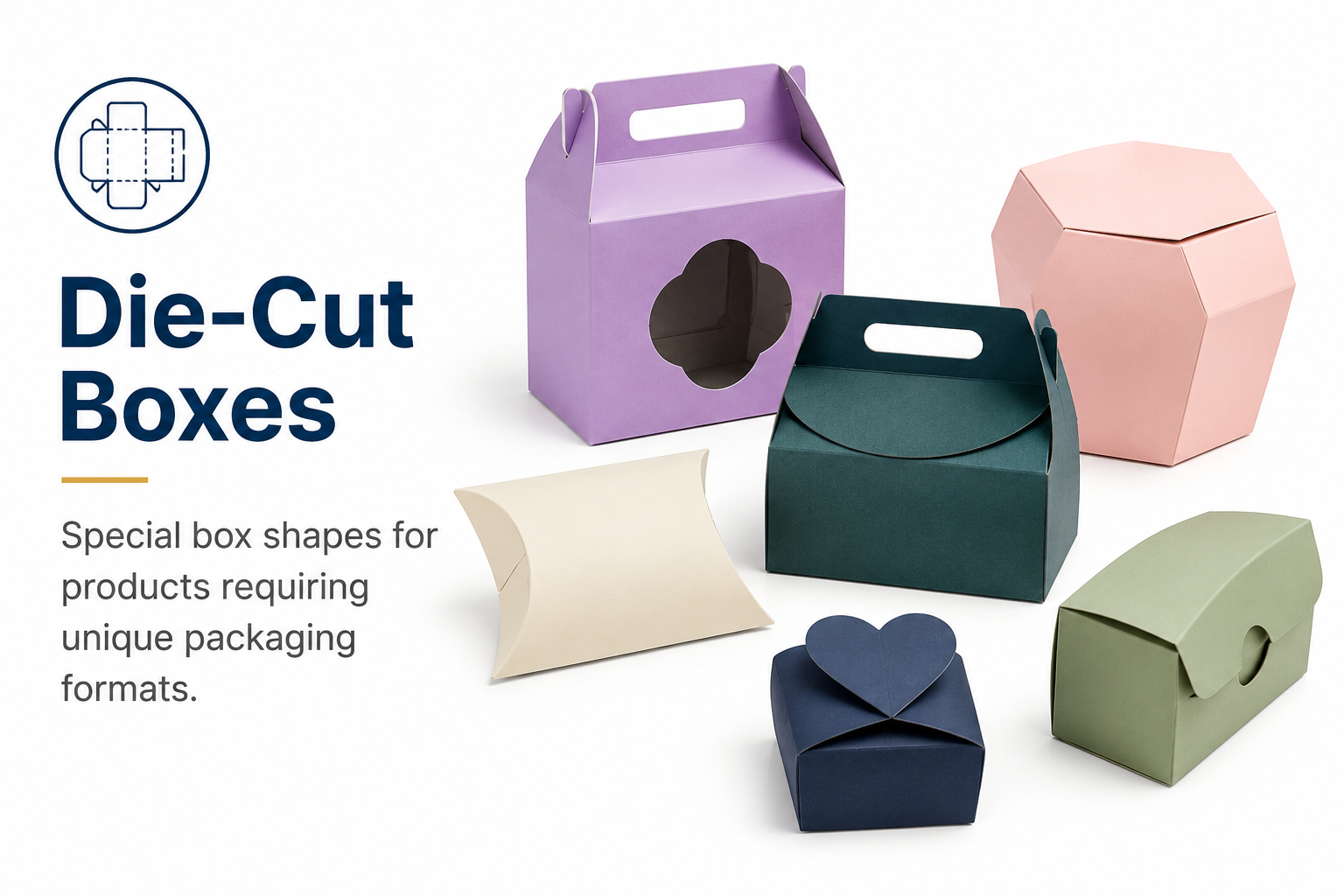 Collection of colorful die-cut boxes in various unique shapes and sizes on white background.