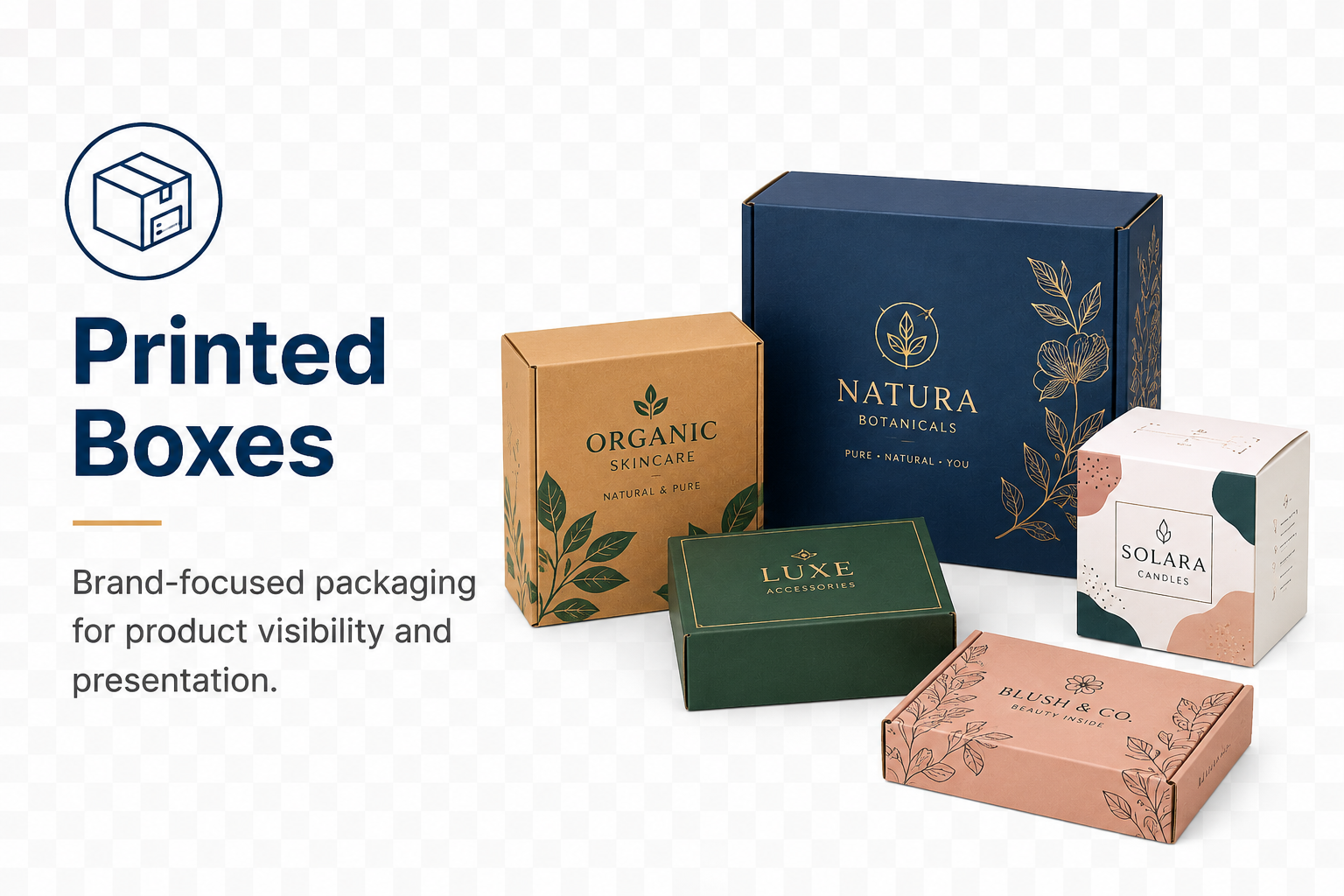 Collection of various printed product packaging boxes in different colors and sizes.